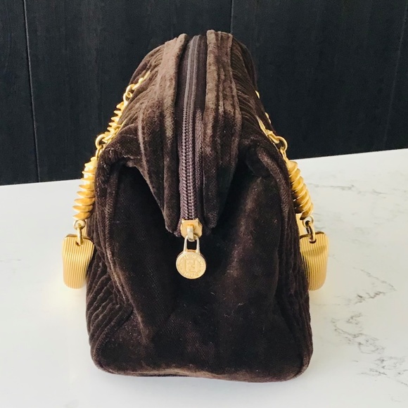 FENDI rare vintage handbag brown quilted velvet with gold handles - Picture 3 of 16